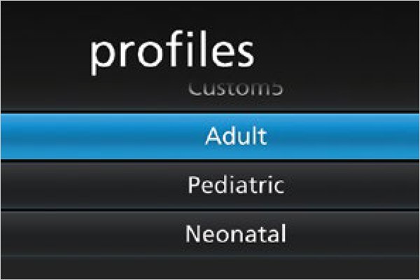 Rad-97 screen showing selectable patient profiles for Adult, Pediatric, and Neonatal modes.